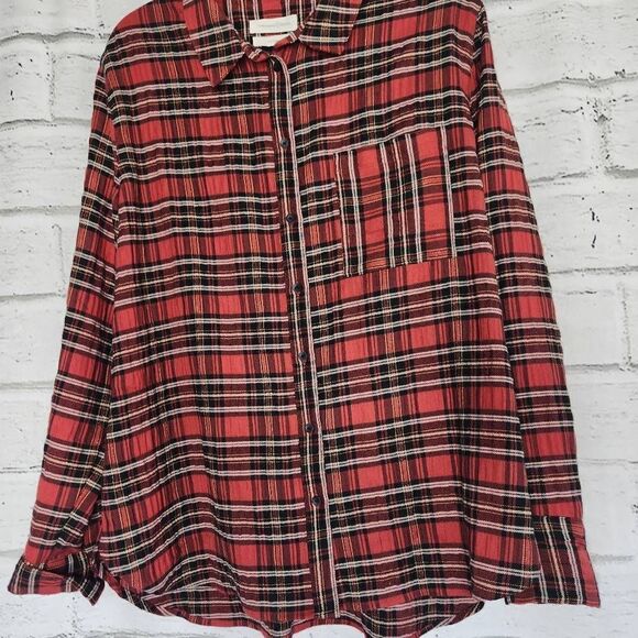 Treasure & Bond Button Down Collared Plaid Boyfriend Plaid Womens Large Shirt - Picture 3 of 11